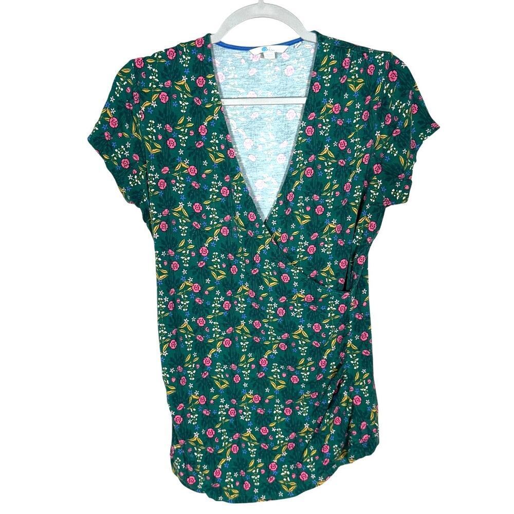 Boden Teal Floral V-Neck Blouse with Pink Accents